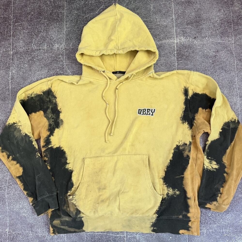Men's Vintage Y2K Obey Black Yellow Tie Dye Distressed Hoodie Sweatshirt Sz XL